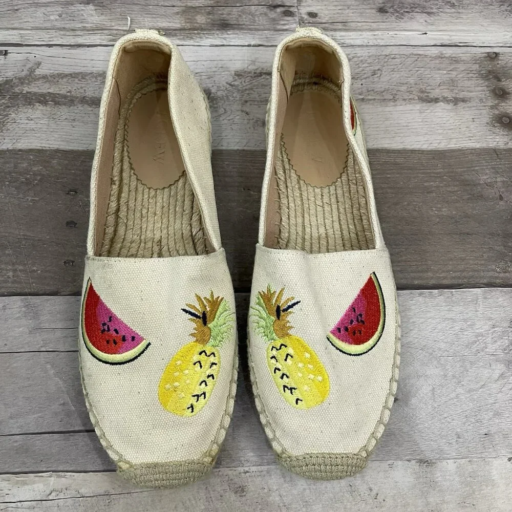 J Crew Canvas Espadrilles Embroidered Fruits Loafers Size 8.5‎ M Sundried Linen